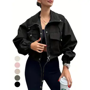 [Women's Lightweight Jacket] Lightweight Oversized Women's Cropped Zip-Up Jacket |   Casual Utility Anorak Coat with Pockets, Adjustable Drawstring Waist, Machine Washable |   Spring/Fall Versatile Outerwear for Teens & Women