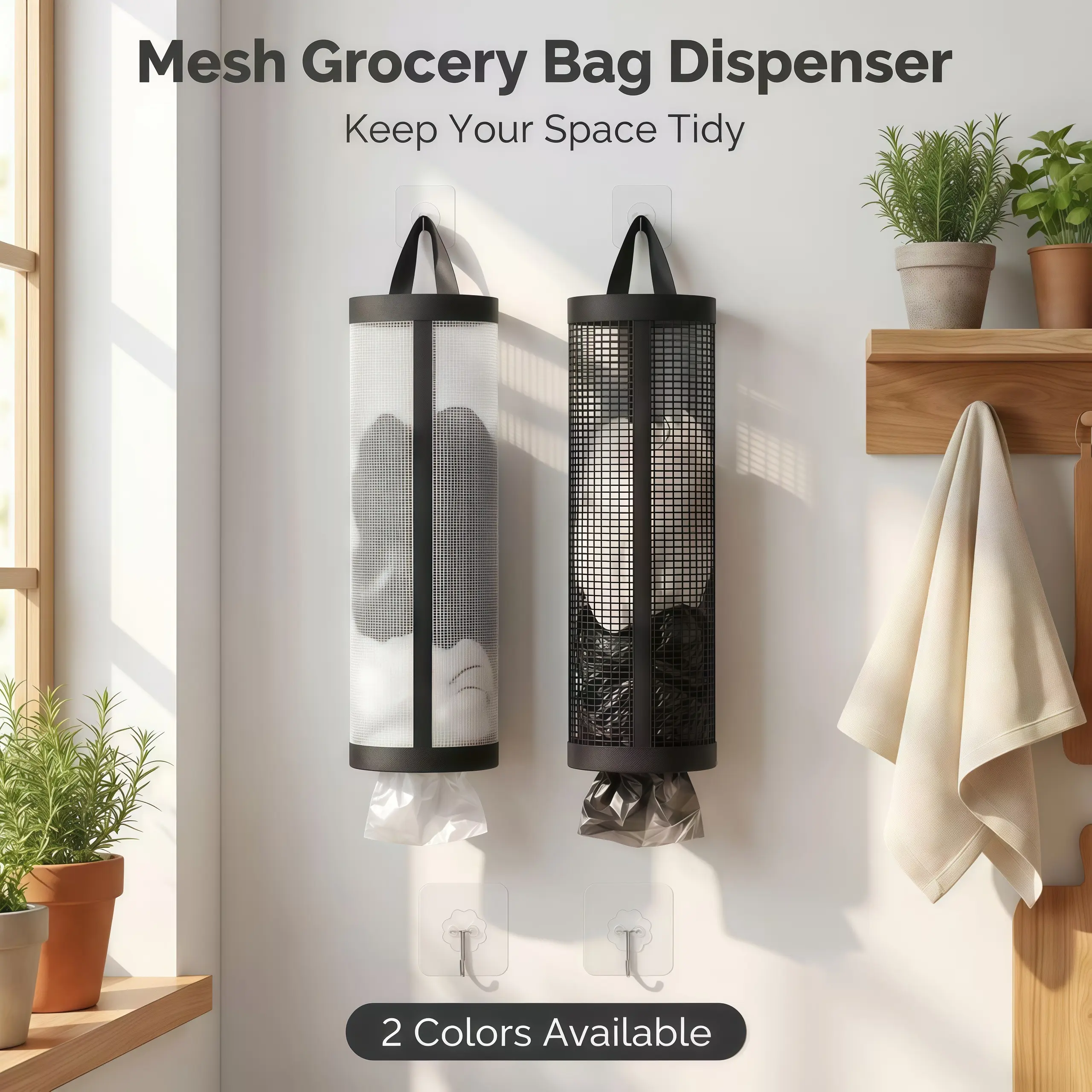 2pcs provides 2 self-adhesive hooks, 2 plastic bag storage bags, hanging foldable mesh bags, garbage bag organizer, kitchen storage bags, kitchen organizer, and household items for free. Household kitchen shopping bag storage container, mesh material
