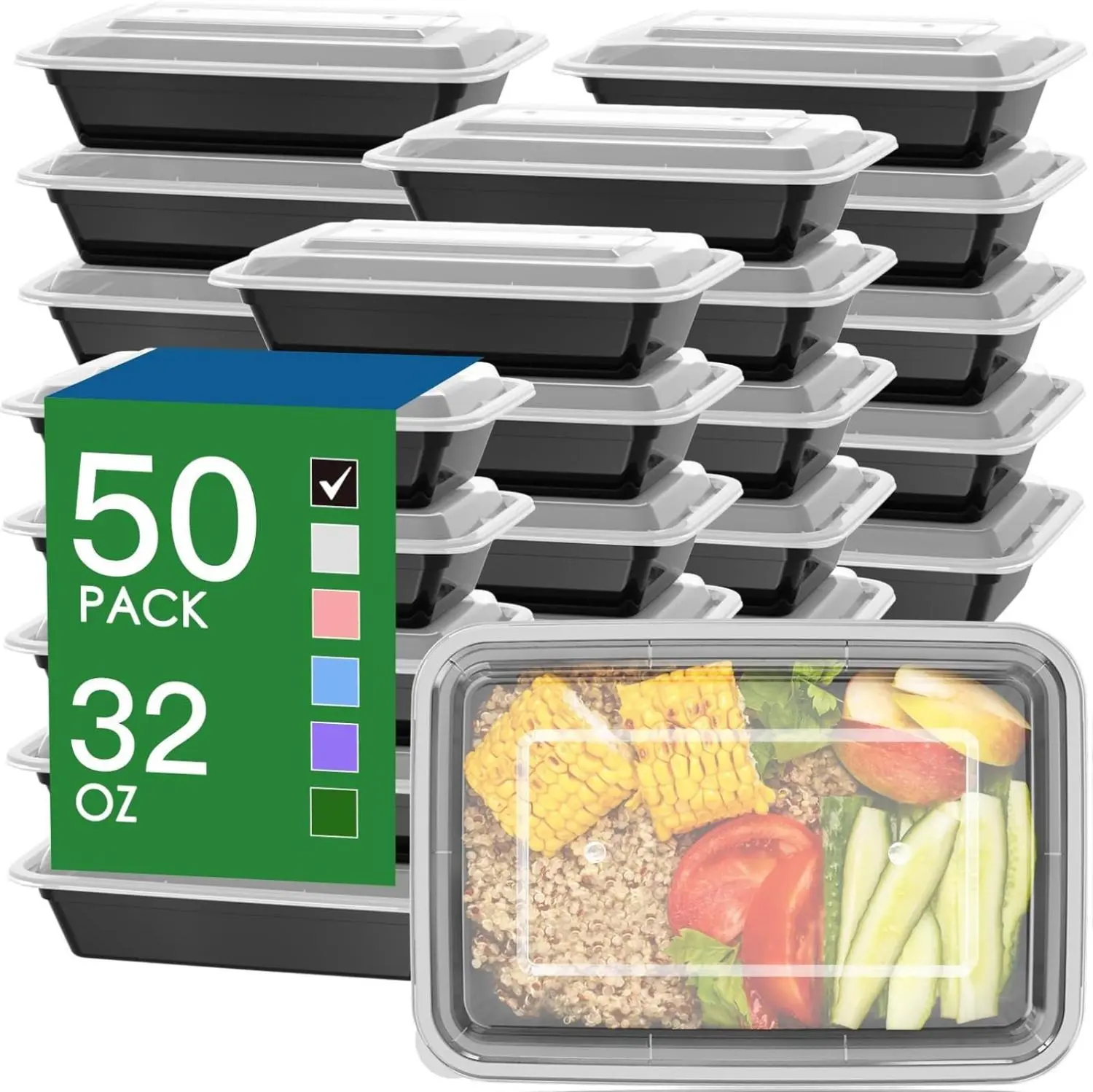 50 Pack (100-Piece) 32 oz Meal Prep Containers Reusable with Easy Open Lids, Sturdy Leakproof Food Safe, Microwave Freezer Dishwasher Safe, To Go Take Out Plastic Food Storage Pans with Lids, Black Disposable Kitchen