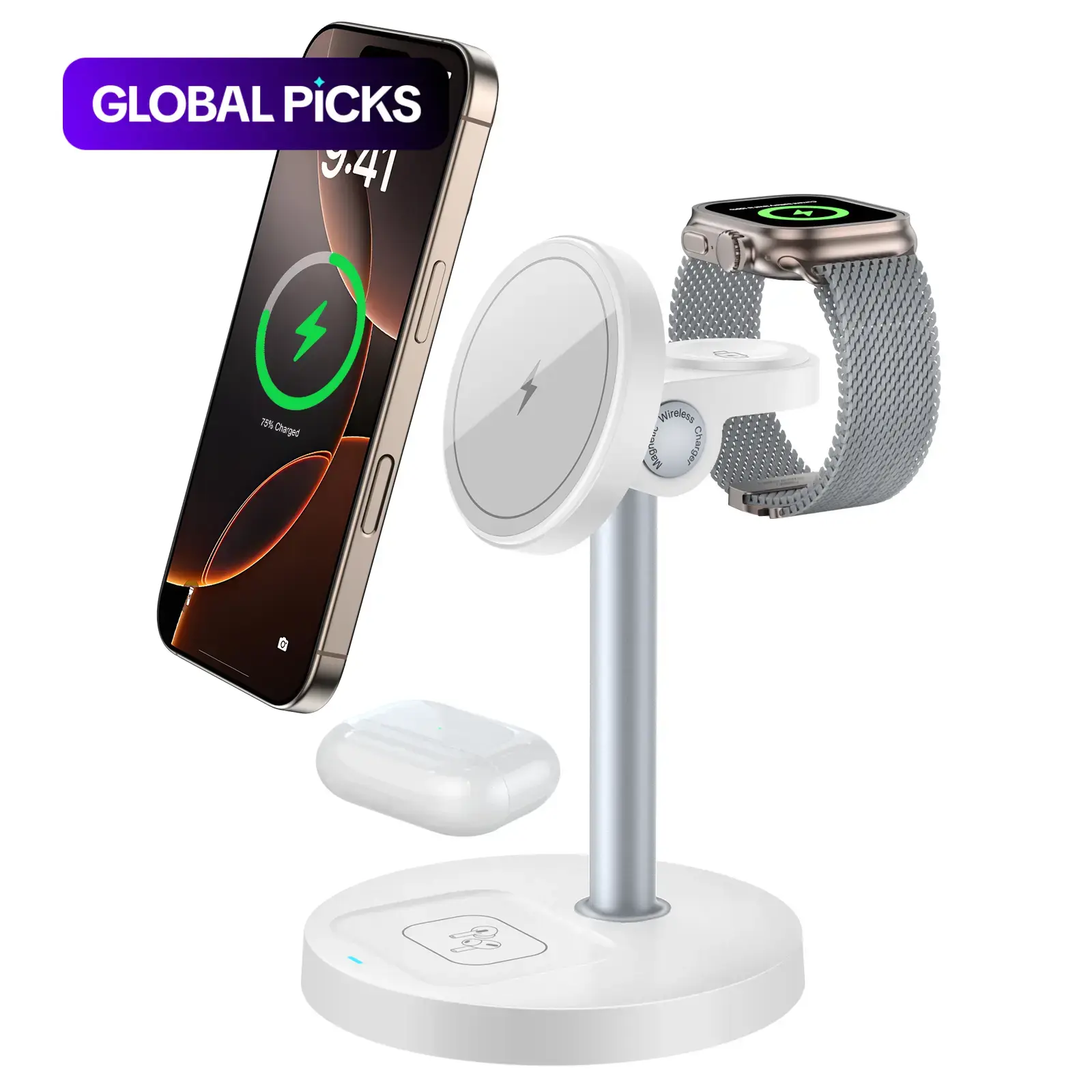 3-in-1 Magnetic Wireless Charger Stand, Smart Charging Dock, Charging Base and Fast-Charging Station, Multi Charger 15W Wireless Charger with Adjustable Angle and Heat-Dissipation Vents for iPhone 12–16, Watch and Earphones #GLOBAL PICKS