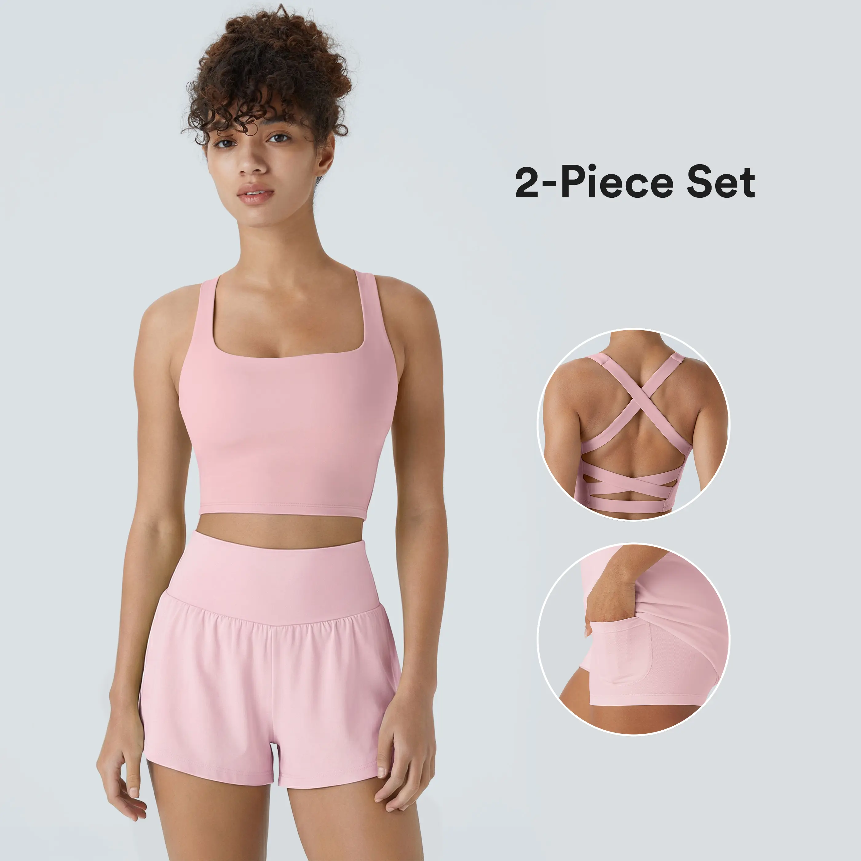 Halara 2-piece SoftlyZero Airy Square Neck Backless Crisscross Cropped InstantCool Yoga Tank Top-UPF50+ & Super High Waisted InstantCool Yoga Shorts with Pockets Set