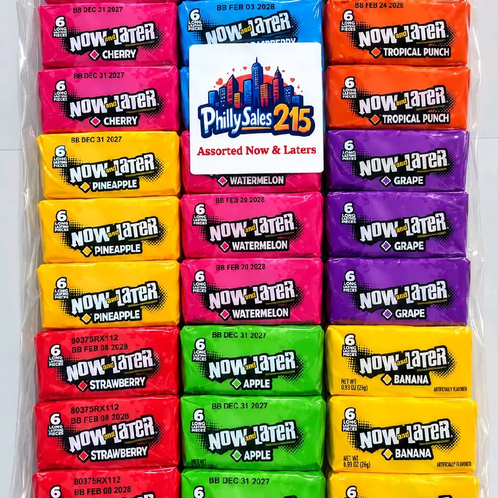 Now and Later Sweet Tangy Fruity Chewable Candy Variety Pack - 27 Prepackaged Packs (3 Each of Cherry, Strawberry, Watermelon, Grape, Pineapple, Tropical, Banana Flavors), 6 Pieces Each, 162 Pieces, 1.33 lbs, Candy in Bulk, Classroom Treats for All Ages