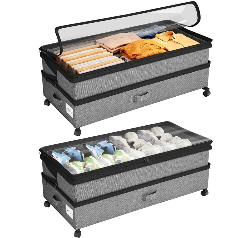 Kitstorack Under Bed Storage with Wheels Height-adjustable Under Bed Storage Containers,Under Bed Shoe Storage Organizer with Clear Window&Label, Suitable for Clothes Storage