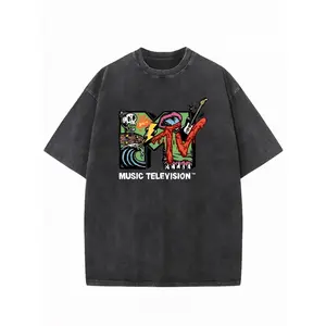 [Vintage Wash] Men's Vintage Washed 230g Cotton MTV Graphic T-Shirt - Retro Music Television Logo Print with Lightning Bolts & Guitars, Light Green Crew Neck Short Sleeve Tee