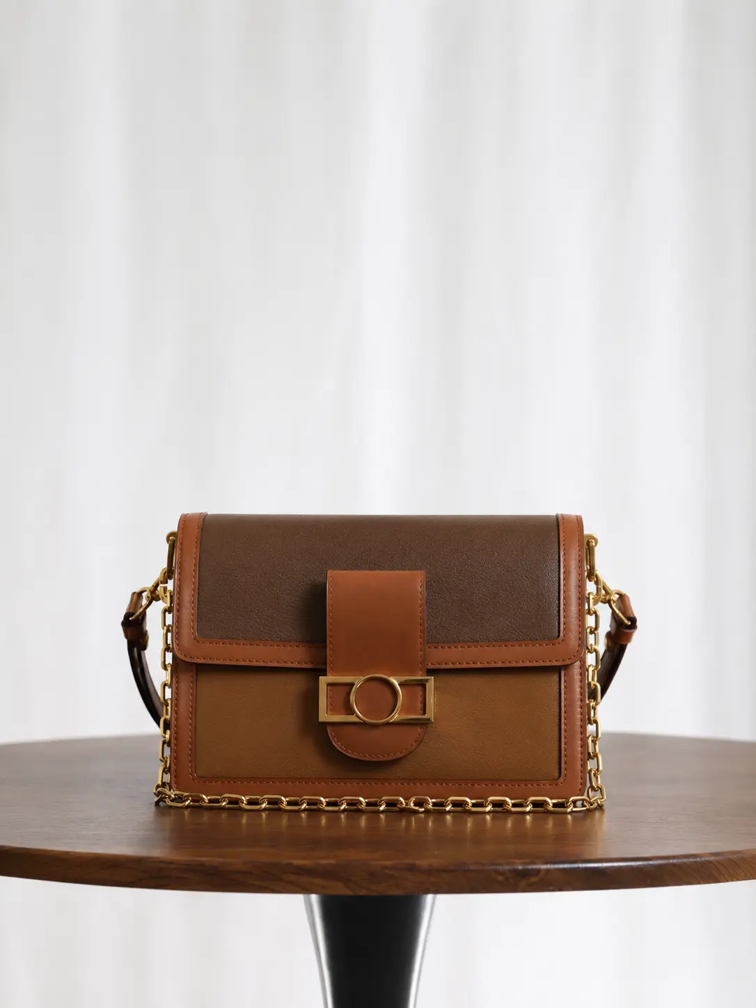 Women’s Brown Colorblock Flap Crossbody Bag with Gold-Tone Chain, Adjustable Strap and Ring Buckle Closure M45958