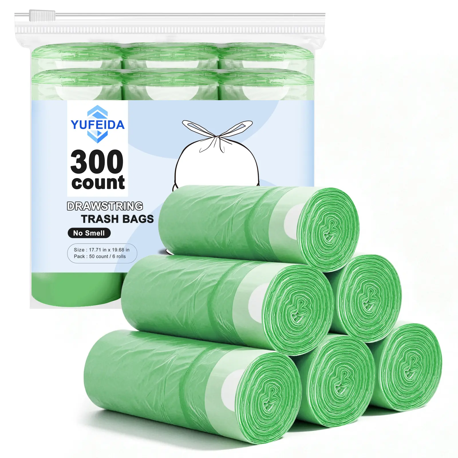 HDPE 4Gal Sturdy Drawstring Trash Bags, 300-Count Green Unscented Waterproof Plastic Bin Liners for Toilet, Balcony, Study & Apartment Small Restrooms, Compatible with Wardrobe Pouch (Home Care Supplies), Leak-Proof