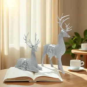 Artistic Deer Statues Set of 2, Silver Color Glitter Details, Chip Carving Decorative Sculptures for Christmas Thanksgiving New Year Home Decor
