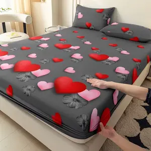 3-Piece Heart Print Bedding Set, Soft Comfortable Classic Style, Includes 1 Fitted Sheet and 2 Pillowcases, Ideal for Bedroom and Guest Room, Decorative Bedsheet Sets