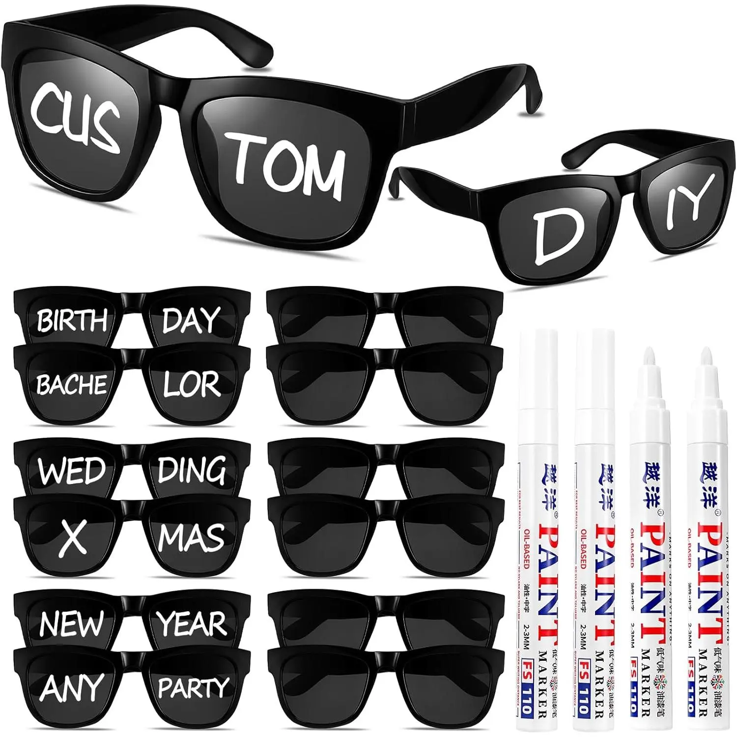 12 count Personalized Custom Sunglasses Bulk with 4 count Marker Pens for Adult DIY Wedding Birthday Party
