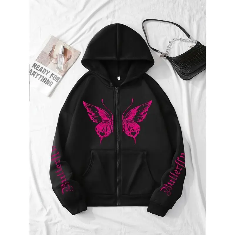 Women's Butterfly Print Fleece-Lined Hooded Sweatshirt Jacket - Black with Pink Graphic, Zipper Front, Drawstring Hooded Neck, Long Sleeve, Side Pockets, Machine Washable, Autumn Winter Warmth, Cozy Casual Outdoors Tops, Durable Fabric, No Excess Bulk