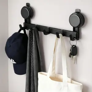 5-Hook Black Suction Cup Wall Rack, No-Drill Damage-Free Heavy-Duty Reusable Adjustable Hanger, Renter-Friendly Home Improvement Organizer for Glass Surfaces, Laundry Room, Bathroom Removable Hooks Matte