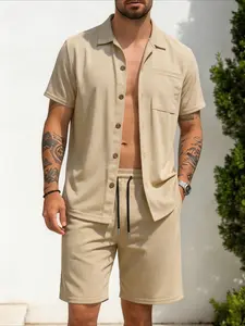 Men's Summer Casual Slim-Fit Blouse Set, Solid Pattern Button Front Top, Ami-Style Corduroy Short Sleeve Shirt & Shorts