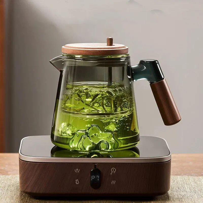 Kitchenware Glass Teapot with Tea Infuser, Walnut Wood Lid & Handle, 650ml (21oz) Pitcher, Tea Pot