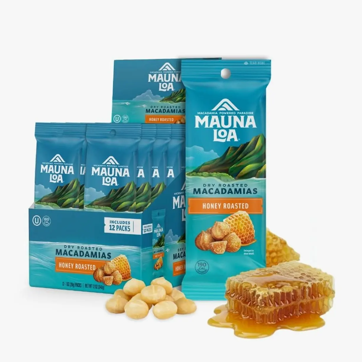 Mauna Loa Honey Roasted Macadamia Nuts, 12 Pack of 1 oz Single Serve Snack Bags, Gluten Free, Sweet & Crunchy Hawaiian Snack