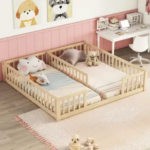 Double Twin size Bed Frames, Wood Bed with Fence Guardrails, Double Twin Floor Bed Side by Side for Bedroom, Natural