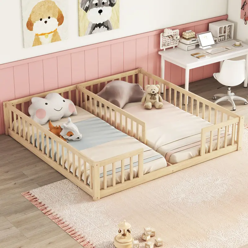 Double Twin Size Floor Bed Frame with Fence, Guardrails