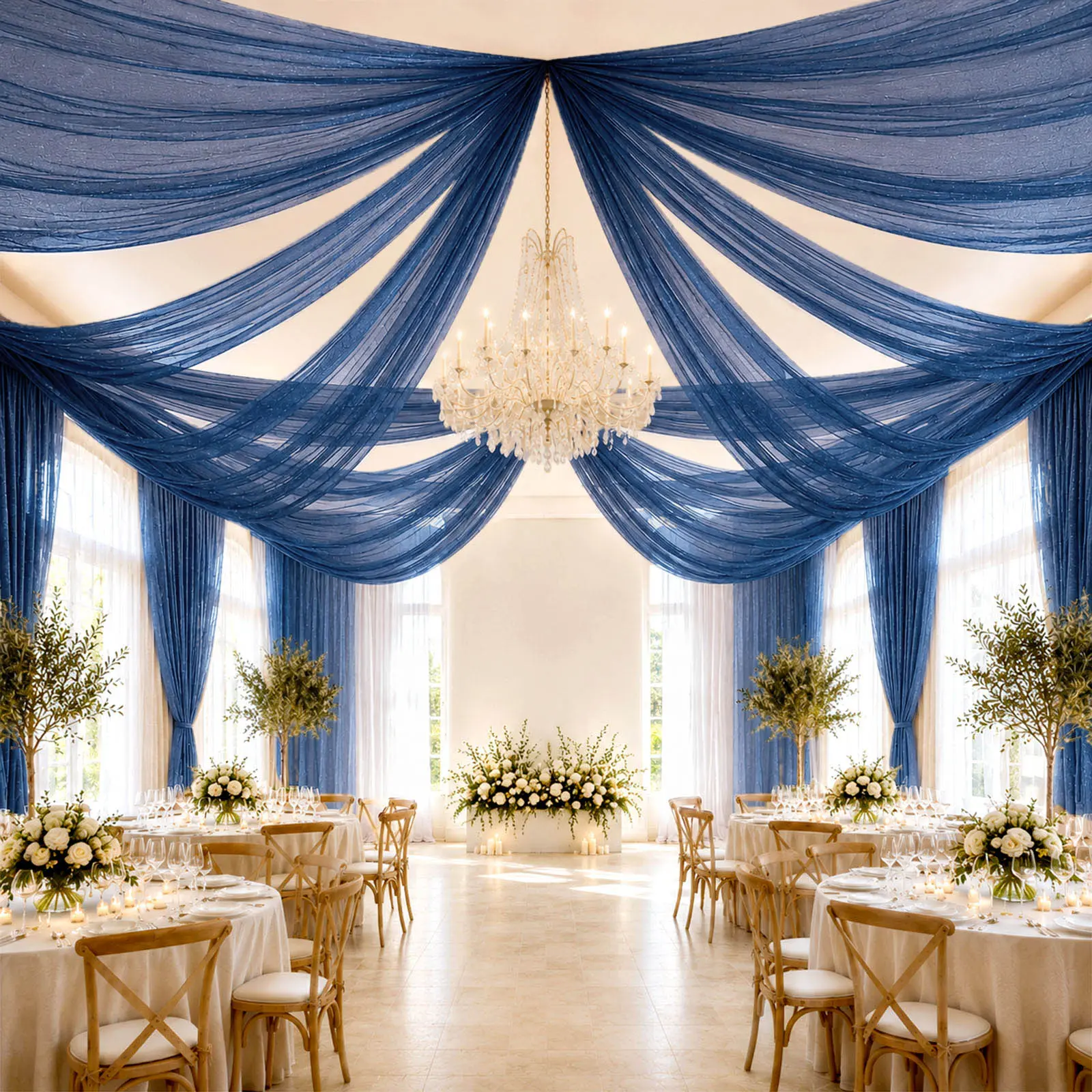 Navy Blue Sheer Ceiling Drape – 10ft x 32ft Extra Long Drapery Panel for Wedding Canopy, Backdrop & Reception Décor