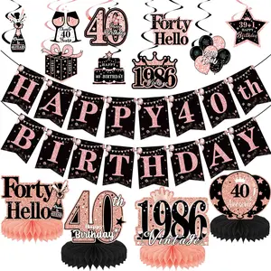15Pcs 40th Birthday Decorations with Banner Honeycomb Centerpieces, Hanging Swirls, Rose Gold 40th Party Decorations, Cheers to Forty-Year-Old Birthday Party, 40 Years Old Table Party Supplies