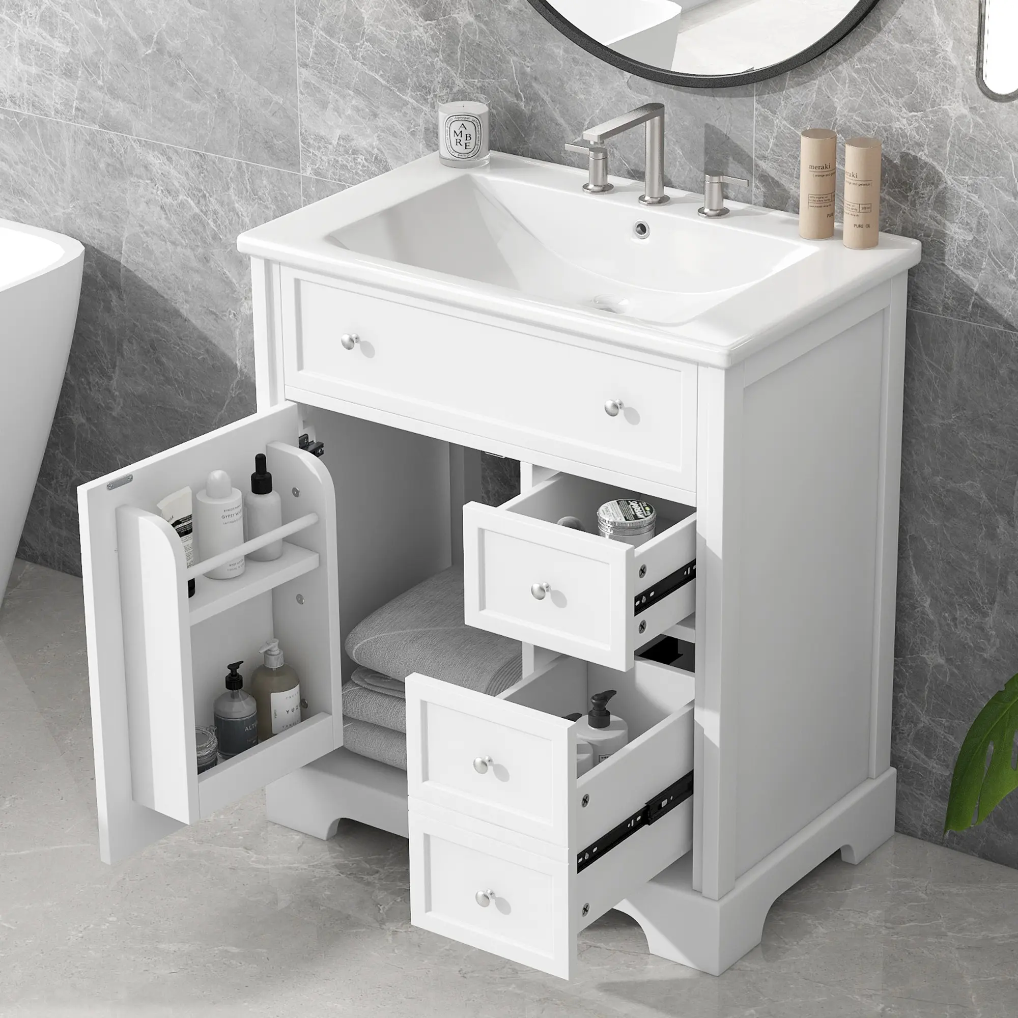 Freestanding White 30-Inch Bathroom Vanity with Ceramic Basin, Solid Wood & MDF, Single Door & Two Drawers, Water-Proof Finish, Assembly Required
