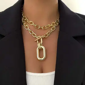 Exaggerated Gold Color Big Elliptical Pendant Necklace for Women Metal Chunky Chain OT Buckle Necklace