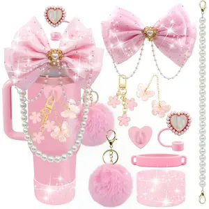 Bling  Cup Accessories for 40/30/20 oz Tumbler with Handle Including Glitter Bow Straw Topper, Heart Straw Cover,  Water Bottle Handle Strap, Boot, Pom-Pom,  Charms(Pink)