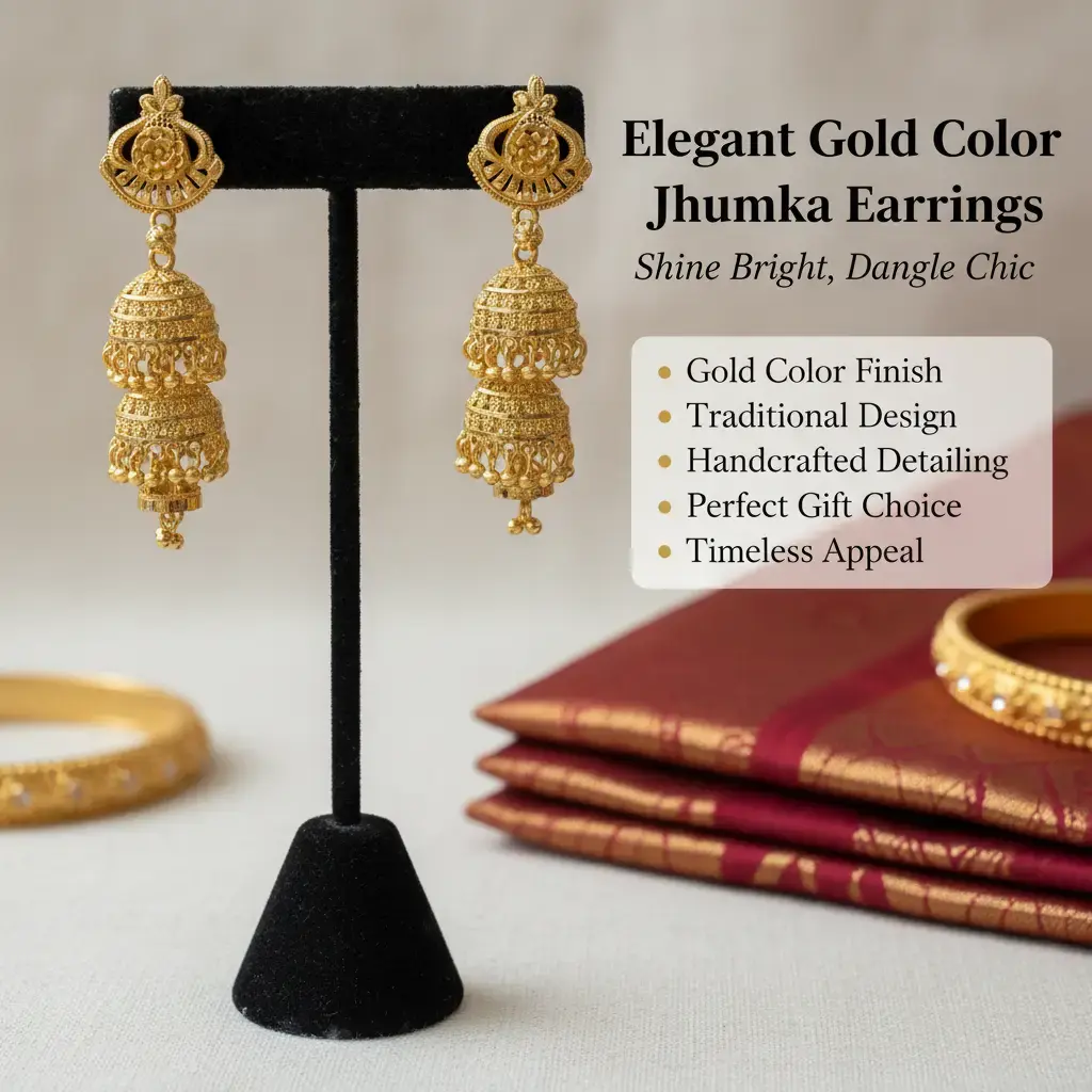 Gold Plated Jhumka Earrings, Traditional Indian Dangle Chic Style for Women, Elegant Finish, Meaningful Cultural Gift, Traditional Design, Gold Aesthetic, Meaningful Gifts, Culture, Luxurious Finish, Casual, Female, Everyday Sparkle, Classic