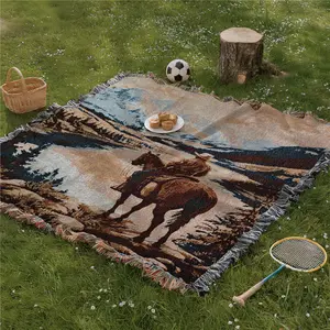 Multi Purpose Picnic Mat Yarn Woven with Tassel: Western Cowboy Pattern, Suitable for Travel Camping Lawns Weddings Concerts. Indoor Bohemian Decoration Machine Washed and Used As Bed Blanket Sofa Towel Tablecloth Tapestry Boho Rug