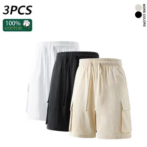 3 Pieces 100% Cotton Linen Cargo Shorts for Men & Women, Summer Casual Elastic Waist Drawstring Breathable Work Shorts