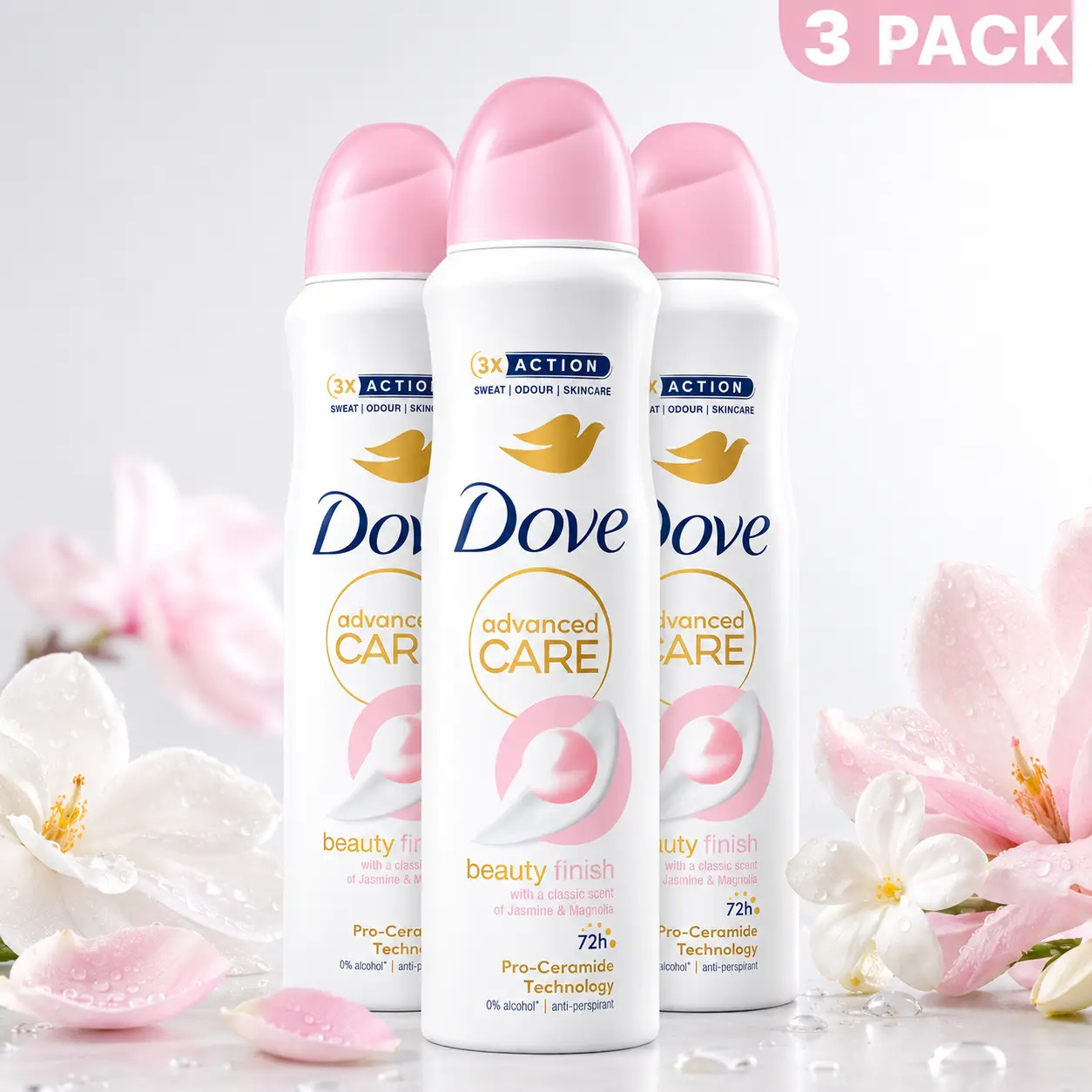 Dove Advanced Care Beauty Finish Anti-Perspirant Spray for Women, 72H Protection with Pro-Ceramide, Jasmine & Magnolia Fragrance, 5oz, 3 Pack, Restore, Blend, Smoothing, Body Care Products, Sensitive Skin, Female, Office