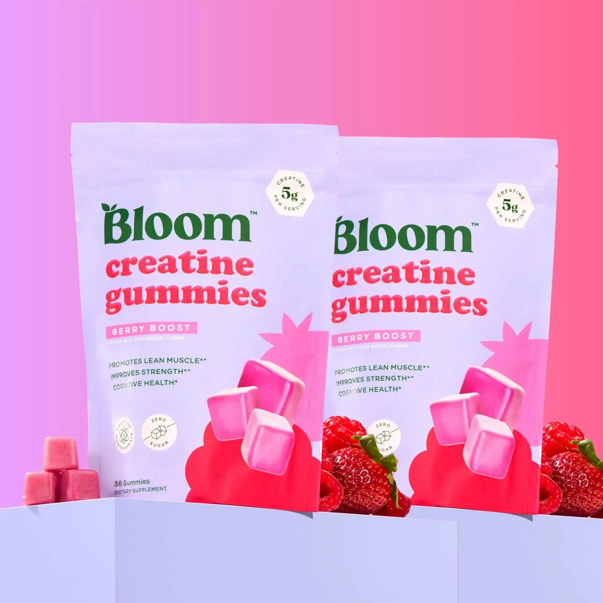 Bloom Creatine Monohydrate Gummies Berry Boost Sugar Free, Supports Lean Muscle Growth, Workout Strength & Brain Health, No Bloating Convenient On-the-Go Supplement