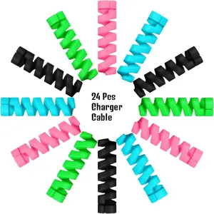 24 Pcs Silicone Charger Cable Protectors – Flexible Spiral USB Cable Saver & Wire Protector for Headphones, Laptop, Earphones & Cell Phone Accessories (Black, Pink, Blue, Green)
