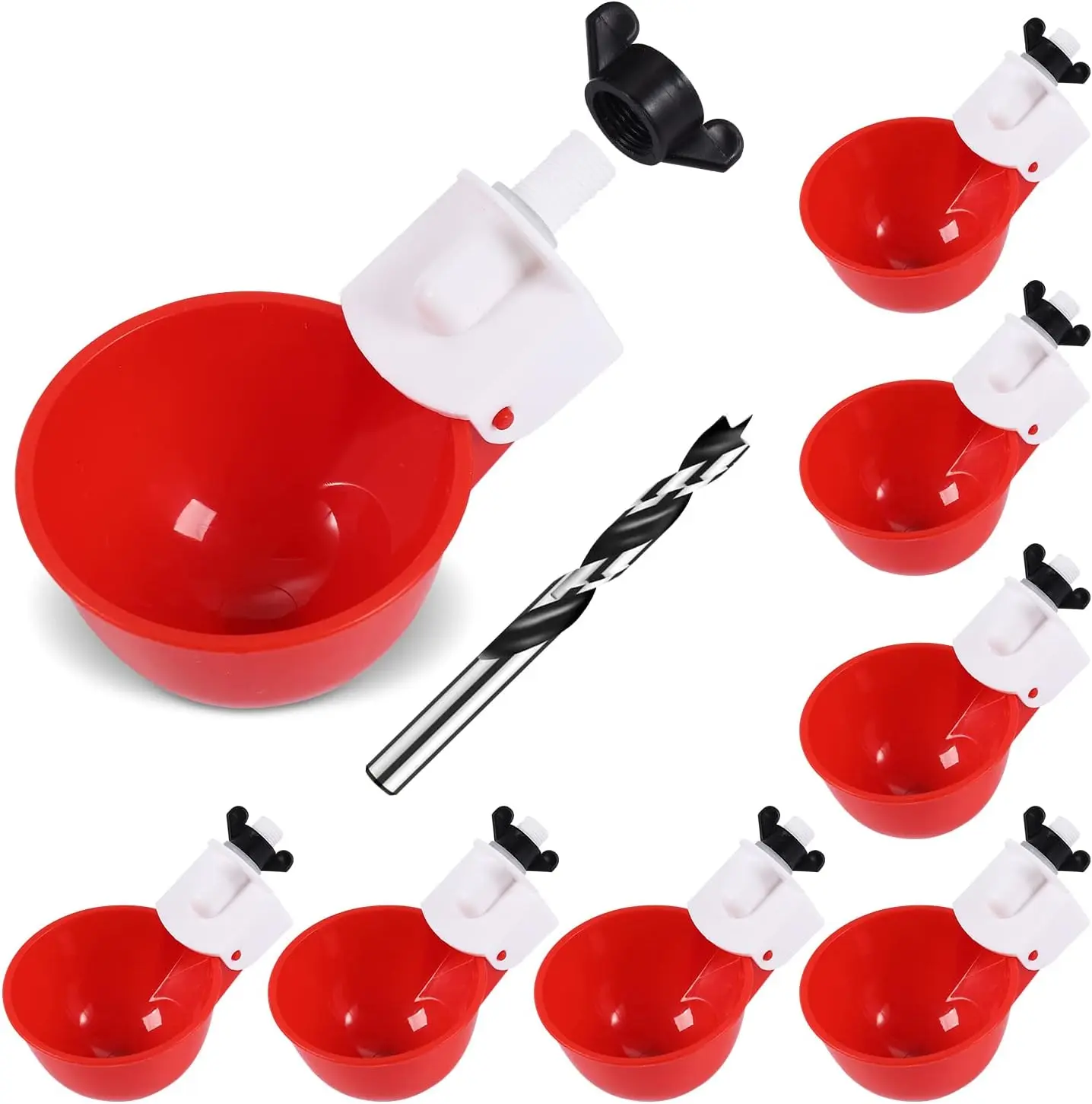 8-Pack Red Auto Fill Chicken Waterer Cups - Detachable, Large Waterproof Polypropylene Poultry Dispenser (185g, 5.12"(L)x3.9"(W)x3.5"(H)) with Matching Drill Bit for Chickens, Turkeys