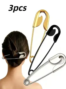 3pcs Bigwig Oversized Metal Hairpin, Stylish Hair Stick Bun Holder, Everyday Hair Clip, Flat Hair Clips, Fashion Accessories for Women, Casual Use