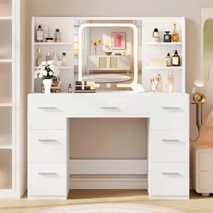 WeCharmer Large Makeup Vanity Desk. White, 43.3'Wx15.7'Dx53.2'H (Samrt LED Mirror, 4 Open Shelves, 7 Drawers, Hairdryer Rack, Power-Outlet)