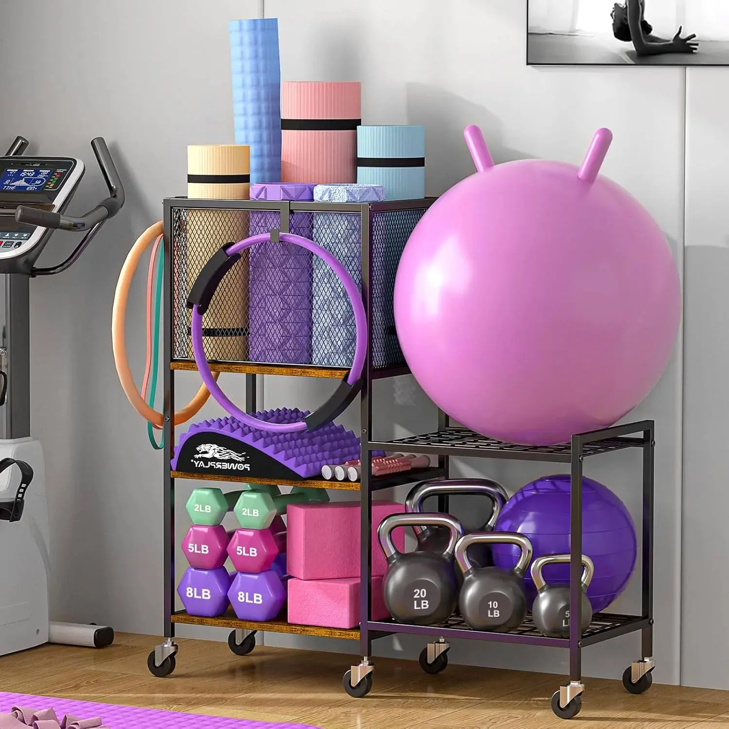 5 Tier Dumbbell Rack, Yoga Mat Storage Rack, Home Gym Storage Rack, Workout Equipment Storage Organizer, Weight Storage Holder Rack with Hooks and Wheels Display Riser Acrylic Display Risers Wood Steel Adjustable Chase Rack Wooden