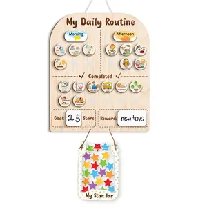 TinyKidz  Wooden Chore Chart with Star Jar, My Daily Routine Chart for Toddlers 3-5, Daily Chore Chart for Toddler, Star Reward Jar for Kids