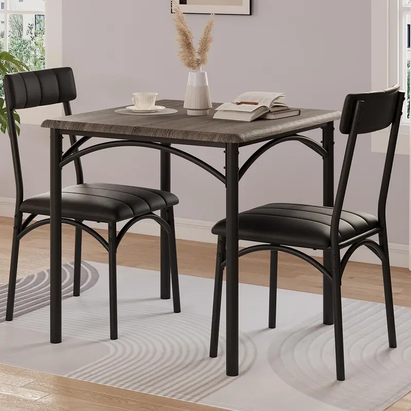 Retro Gray 3-Piece Ergonomic Square Dining Table Set - MDF & Steel Frame, Wipe-Clean Waterproof Desktop, 2 Upholstered Chairs (18.59” L x 17.09” W x 33.89” H, Fits Under Table), Compact for Studios, Condos, Assembly Required, Family-Friendly