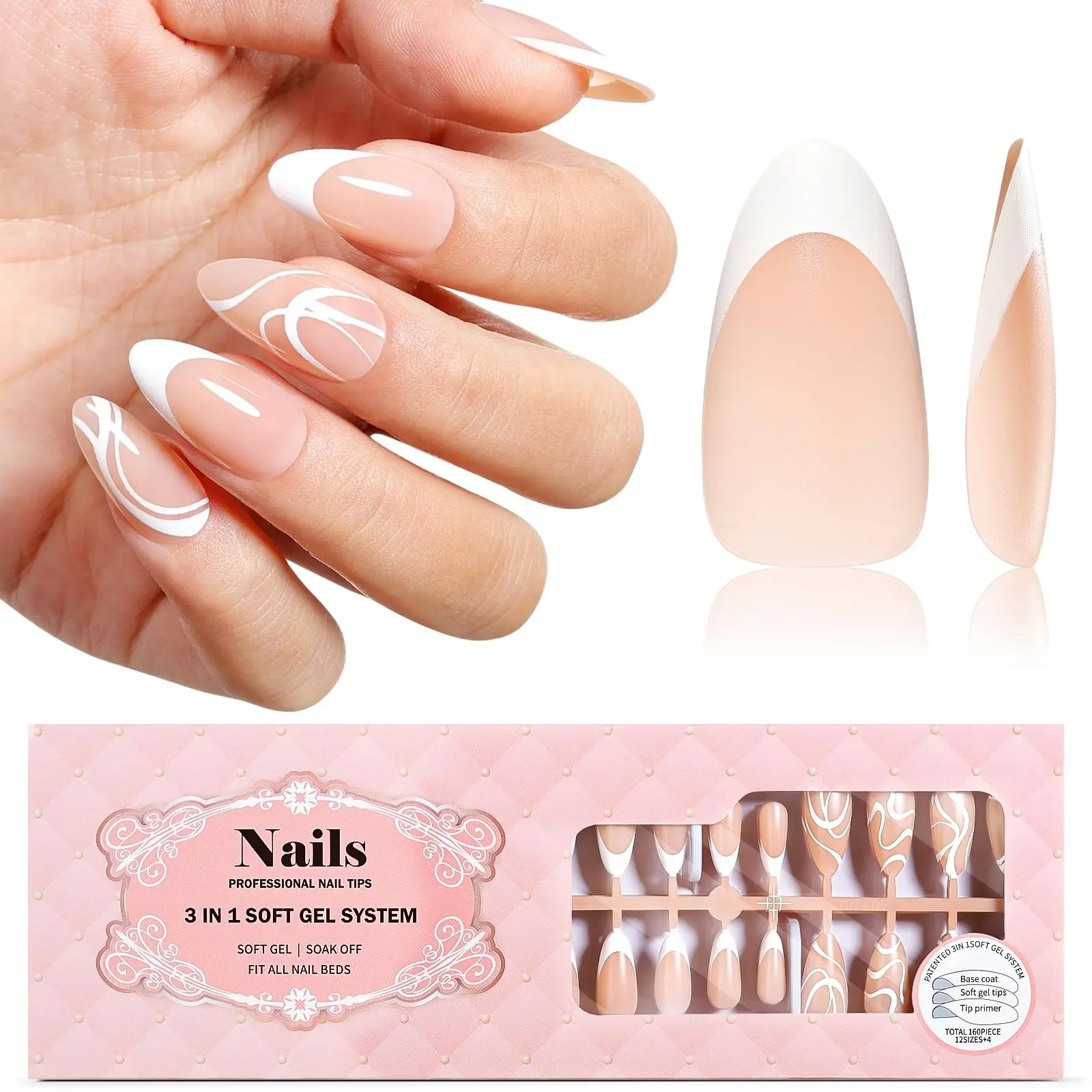 White Lines Almond Nail Tips