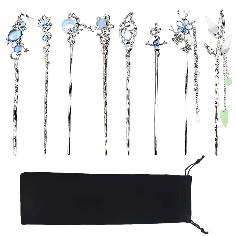 8PCS Star Moon Hair Sticks for Buns Long Hair Chinese Hanfu Asian Vintage Hair Chopsticks Metal Silver Hair Bun Updo Holders Long Hairpins for Women Girls