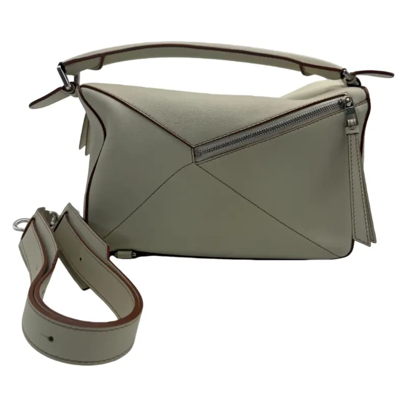 Pre-owned Loewe Puzzle Bag Light Beige Calf Leather, Geometric Puzzle Design, Top Handle, Adjustable Crossbody Strap, Silver Hardware, Small, Versatile and Stylish for Everyday Use