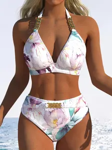 Patterned Bikini Set with Chain Decoration, High-Waisted Design, Casual Slim-Fit, Perfect for Beach Vacations, All-Season Wear, Floral Print Bikini, Summer Bikini
