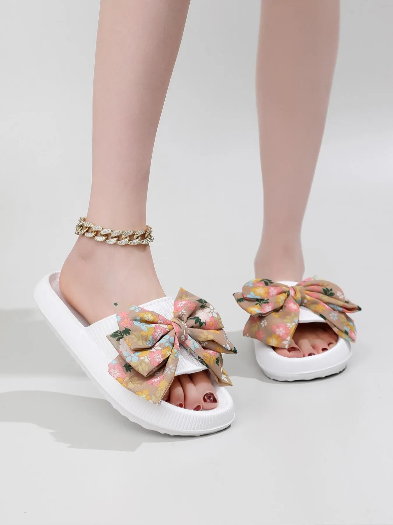 Women's Random Ditsy Floral Print Bowknot Design Slides, Casual Comfortable Home Slippers, Summer Beach Slippers, Non-slip Soft Slippers for Indoor & Outdoor Wear, Walking Shoes