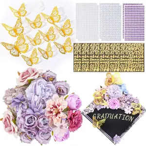 Graduation Cap Decorations Kit 2025 Include Assorted Flowers 3D Butterfly Stickers Glitter Rhinestones Alphabet Letter Number Stickers for DIY Grad Cap Graduation Party Supplies (Purple Flower)