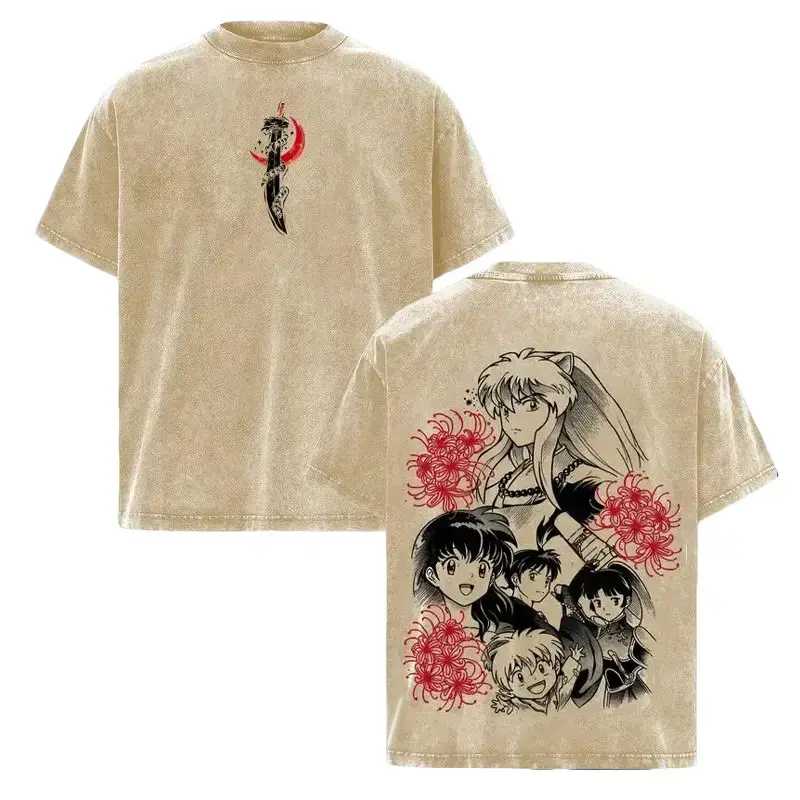 Inuyasha Anime Vintage Washed Oversize Cotton T-Shirt, Kagome Sesshomaru Manga Graphic Tee, Retro Y2K Japanese Anime Streetwear, Double Print Back Graphic Fan Shirt