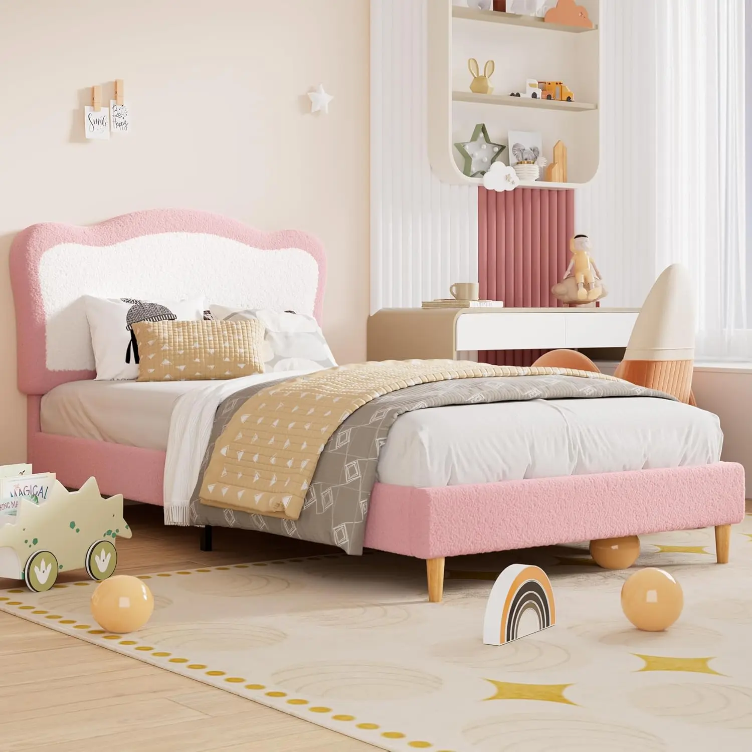 Pink Berber Fleece Upholstered Low Twin Floor Bed Frame with Scallop Headboard, Durable Berber Fleece Fabric, Soft & Cozy Design, Sturdy Platform, Noise-Free Wooden Slats, No Box Spring Needed, Assembly Required, for Kids