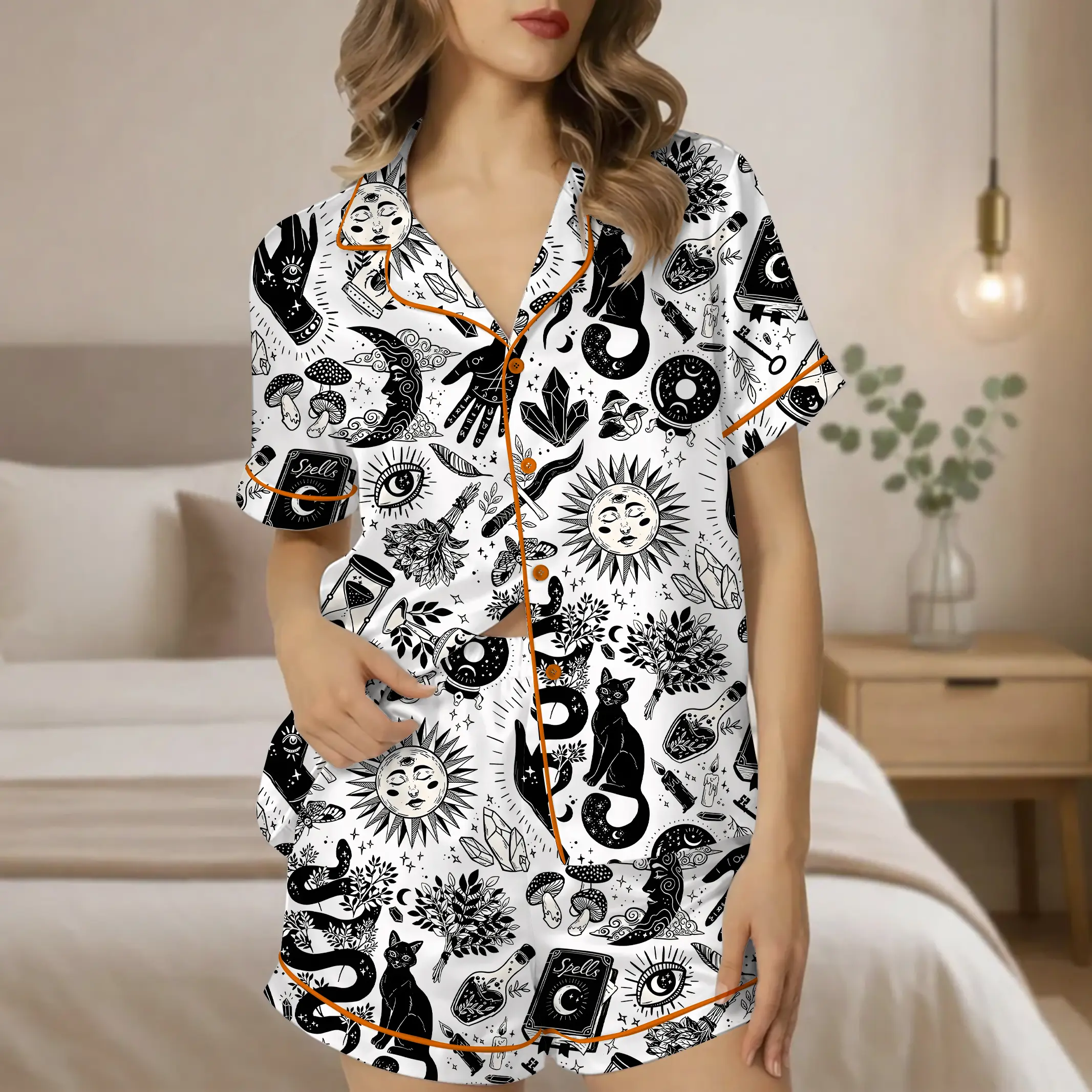 Witchy Cat Satin Pajamas, Black and White Halloween Sleepwear Set, Gothic Short Sleeve Pjs, Spooky Cute Loungewear Women Gift