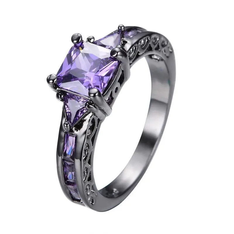 Women's Fashion Square Ring - Purple Amethyst CZ, Black Gold Metal Coating Female Birthstone Band for Wedding, Daily Wear, Solitaire Rings, Geometric Design Ring