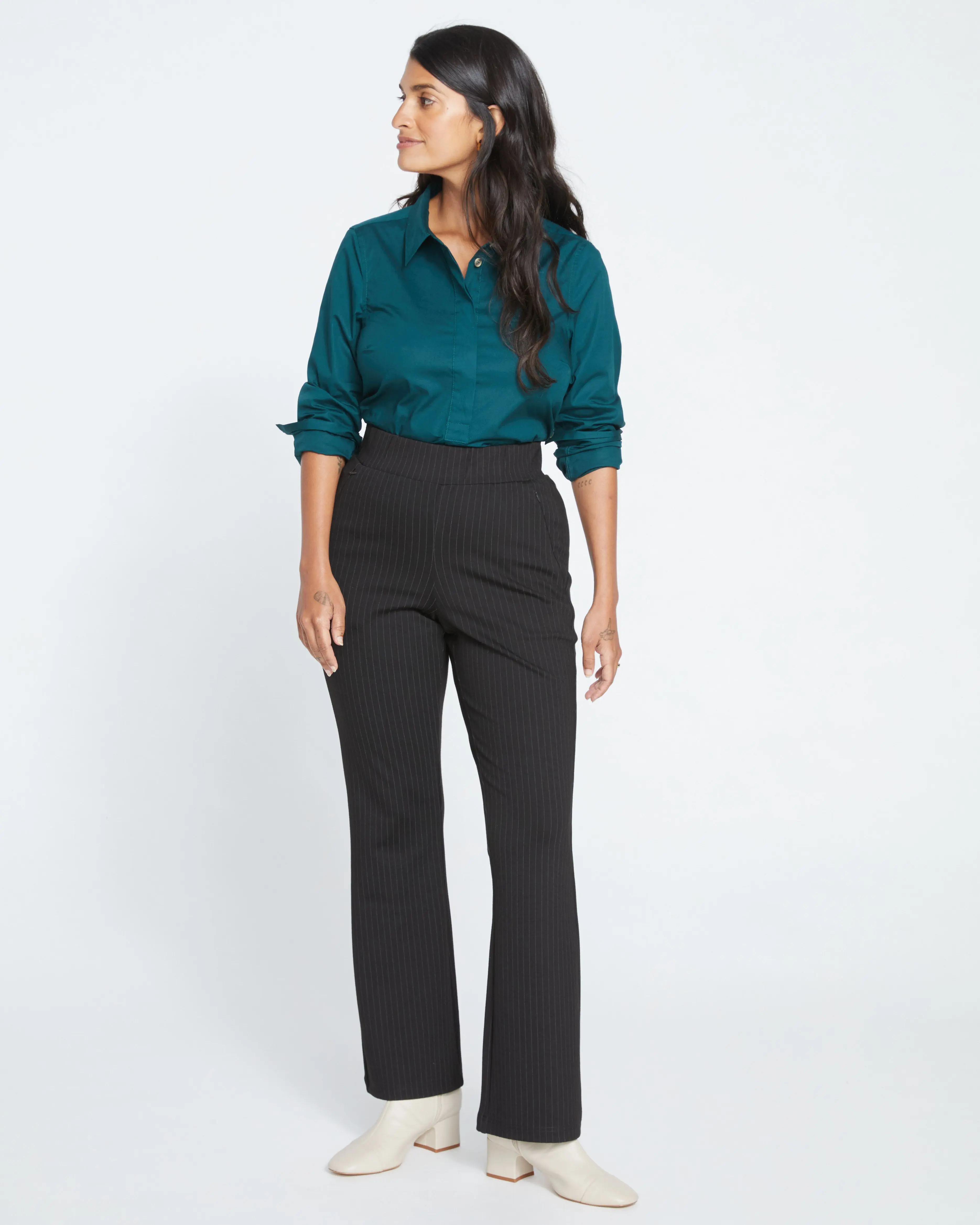 Women's Fitted Pinstripe Trousers, Tailored Bootcut Bottoms in Breathable Ponte with an Invisible Zip Pocket, Tailored Pants, Basic, Clothes, Flattering Pants, Invisible Zips, Bounce-Back, Business Casual Pants