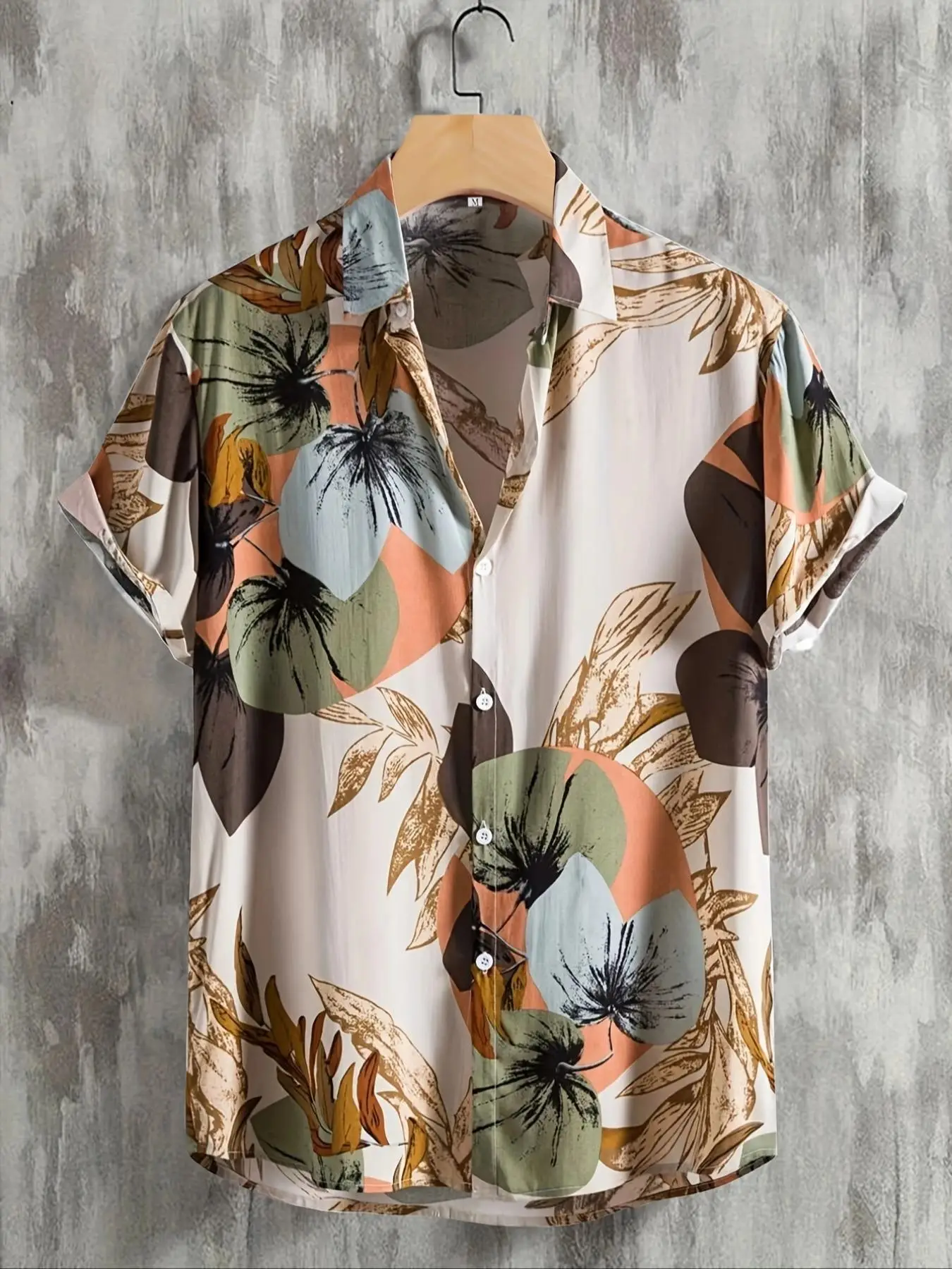 Men's Leaf Print Button Front Shortsleeve Shirt, Regular Fit Breathable Fabric Boho Casual Short Sleeve Collar Shirt for Summer, Fashion Men's Top for
