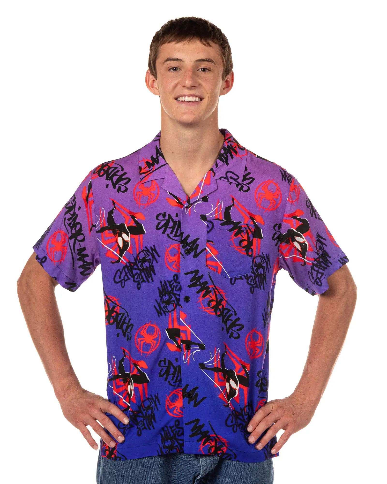 Marvel Spider-Man Shirt Men's Miles Morales Spider-Verse Button Up Woven Top